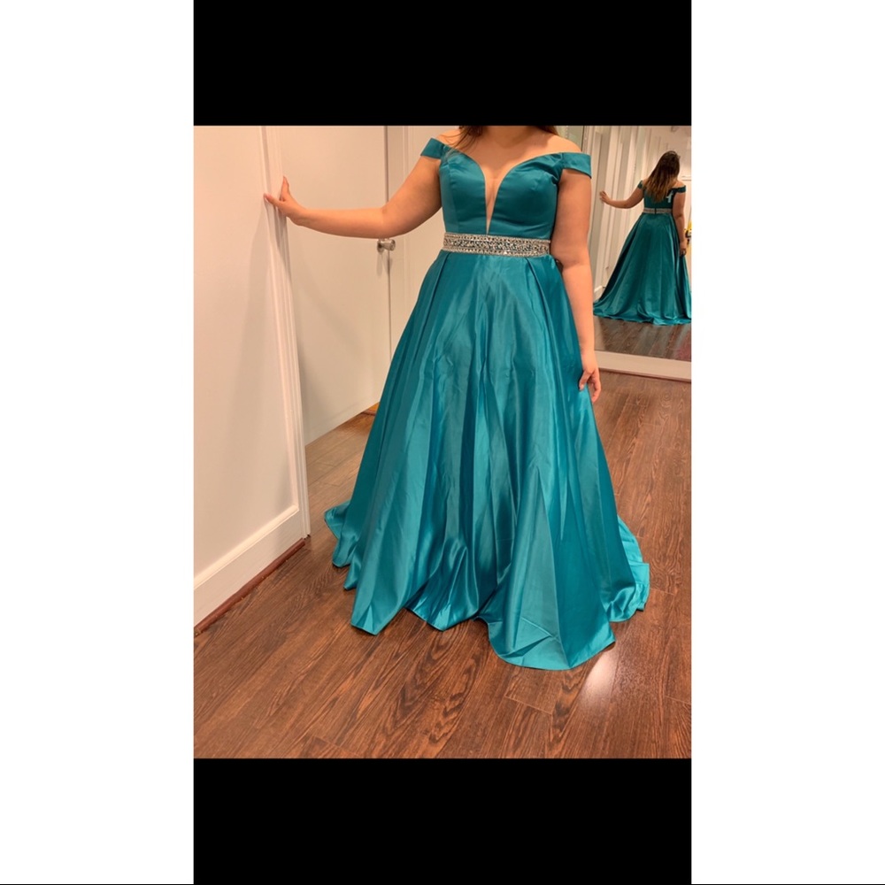 Off The Shoulder Teal Ball Gown